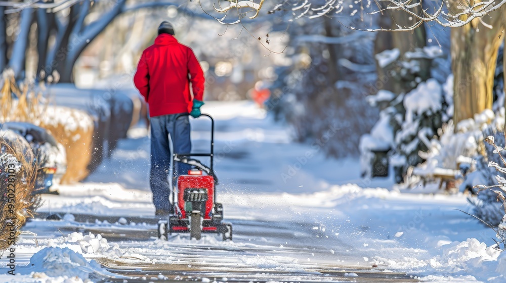 Wall mural Man operates snow blower to clear sidewalk of accumulated snow during winter weather conditions