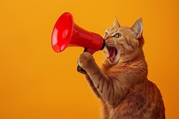 Fototapeta premium Cat holding a megaphone in its paws and shouting into it, set against a solid background. The scene humorously suggests an announcement of discounts and promotions at a pet store.