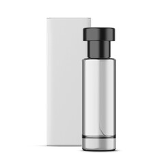 Perfume glass bottle with packaging box mockup, 3d illustration round shape bottle for fragrance.