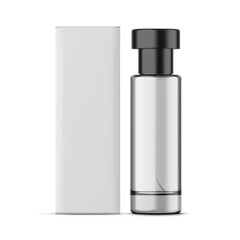 Perfume glass bottle with packaging box mockup, 3d illustration round shape bottle for fragrance.