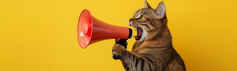 Fototapeta premium Cat holding a megaphone in its paws and shouting into it, set against a solid background. The scene humorously suggests an announcement of discounts and promotions at a pet store.