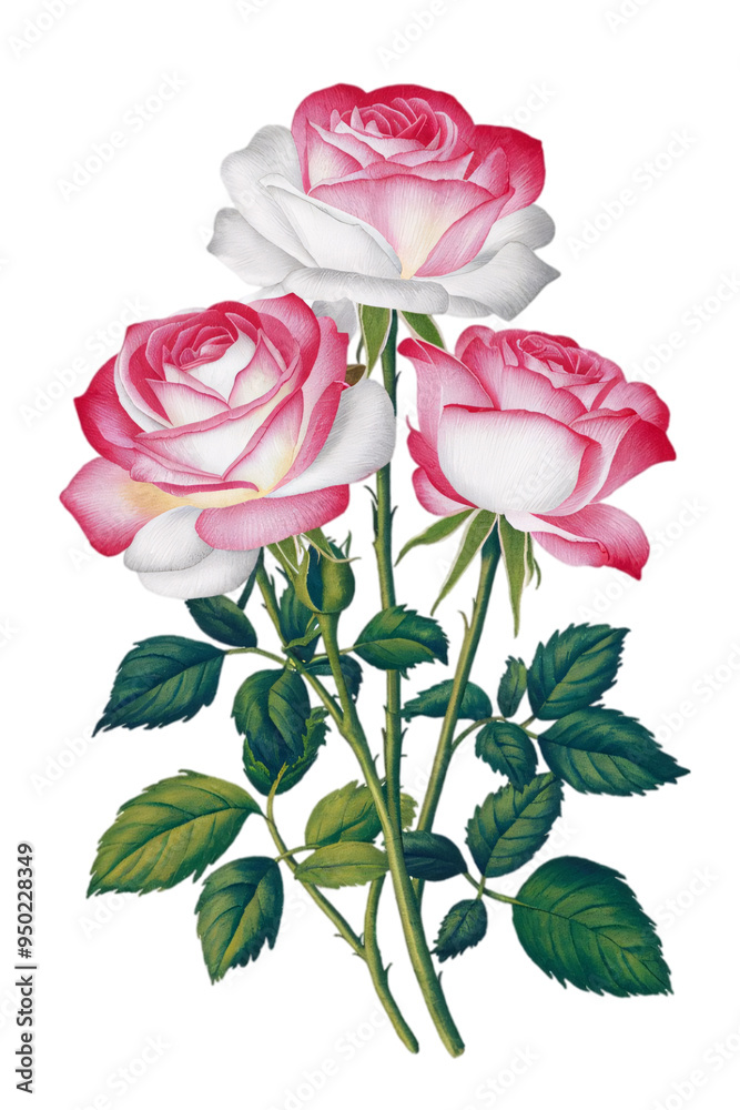 Wall mural Watercolor Illustration Of A Group Of Beautiful Roses On Transparent Background