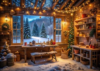 Fototapeta premium Cozy, snow-covered cabin interior with twinkling string lights, wooden workbenches, and overflowing toy-filled shelves, evoking a sense of festive magic and holiday wonder.