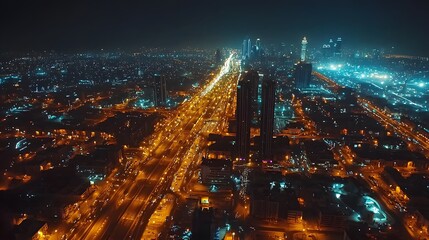 Obraz premium Aerial view of a bustling city at night, illuminated by vibrant streetlights.