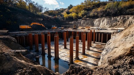 A completed micropile foundation system ready for the next stage of a construction project  The sturdy foundation provides a stable base for the upcoming building or infrastructure work