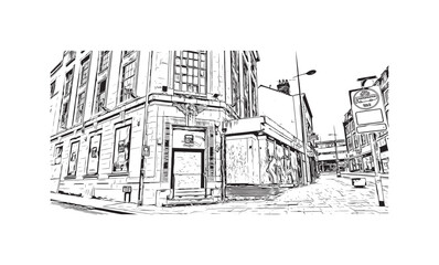 Print Building view with landmark of Hanley is the town in England. Hand drawn sketch illustration in vector.