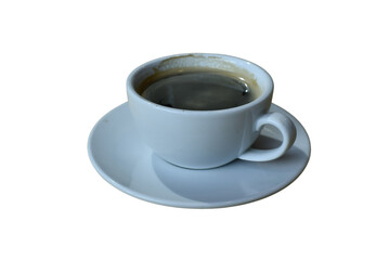 Unwhite ceramic cup filled with black coffee, placed on a matching white sauceritled design - 1