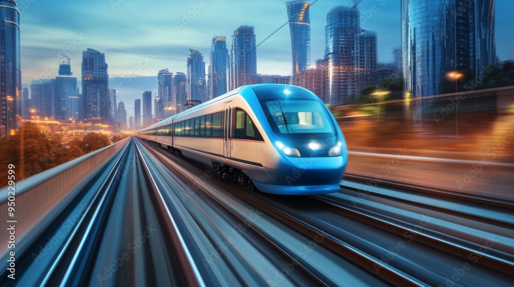 Poster a high-speed electric train in motion on an elevated track, with a city skyline in the background, e