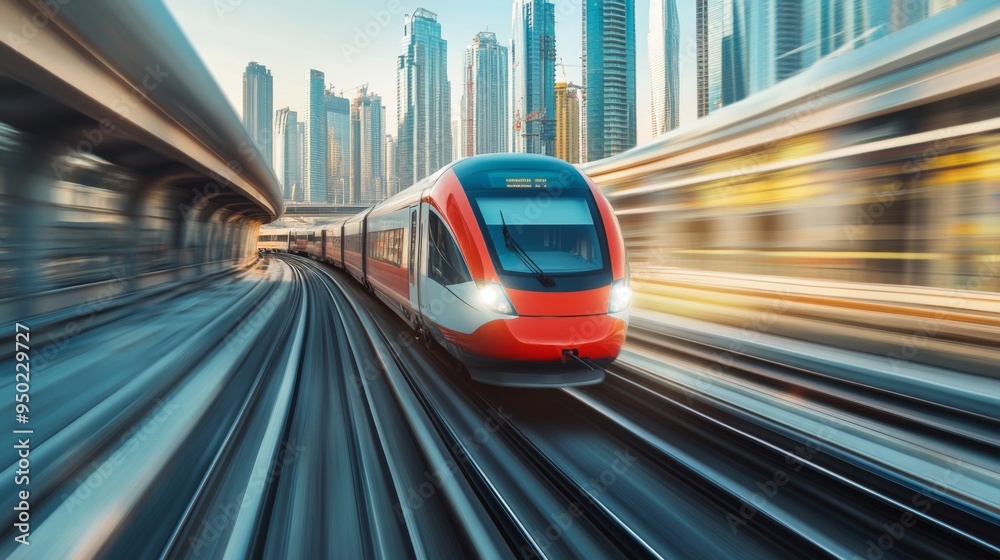 Aufkleber a high-speed electric train in motion on an elevated track, with a city skyline in the background, e
