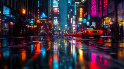 A neon-filled cityscape at night with rain-soaked streets and reflective surfaces