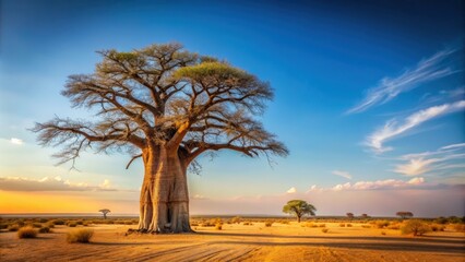 Naklejka premium Isolated baobab tree standing tall in the desert landscape, lonely, African, tree of life, trunk, branches, ancient, botanical