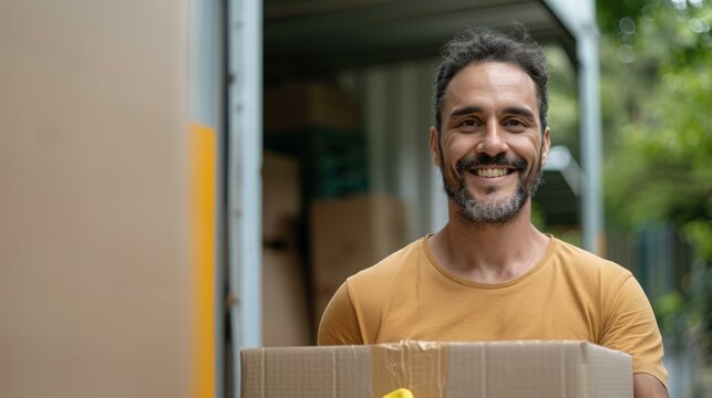 portrait of a hispanic mid-age senior delivery man delivering packaging boxes by his van, professional service, last-mile delivery