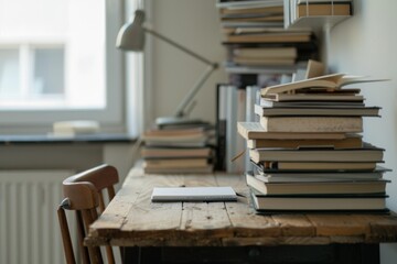 Obraz premium Young Adult Female Student Organizing Books on a Vintage Desk in a Cozy Dorm Room During Daytime