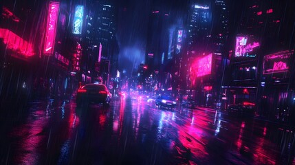 Fototapeta premium A cyberpunk street at night with neon lights illuminating the rain-soaked pavement