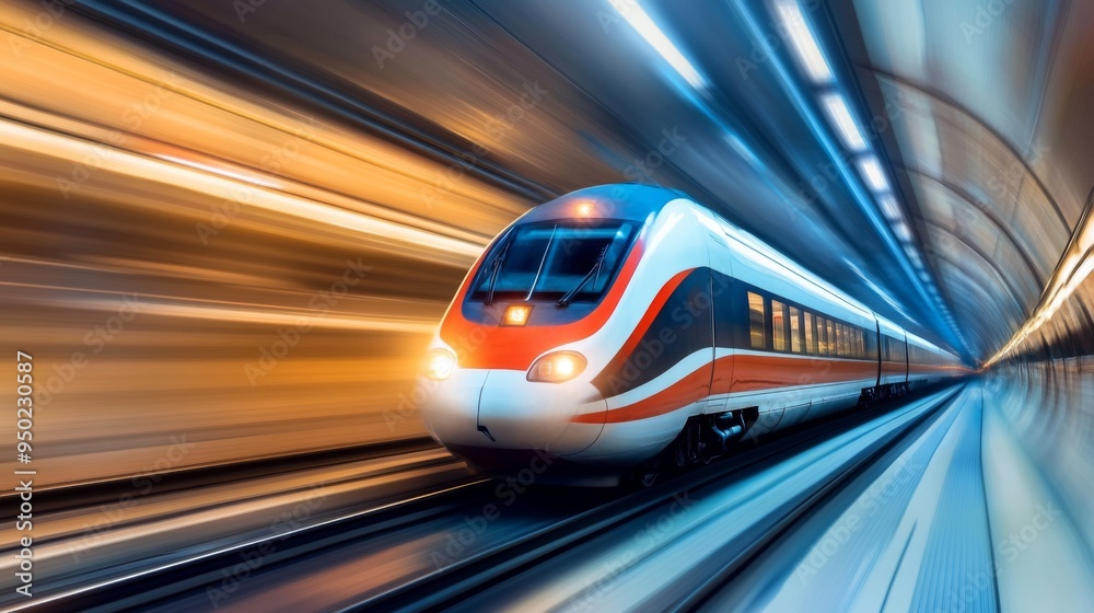 Poster a high-speed train moving through a tunnel, with bright lights illuminating the interior and a sense
