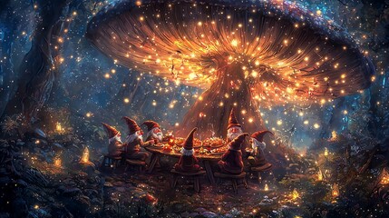 Magical forest scene with gnomes gathered around a glowing mushroom.
