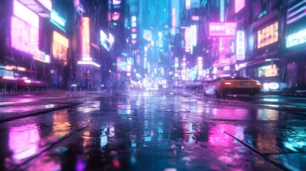 Obraz premium A futuristic urban landscape with glowing neon signs and wet streets reflecting the light