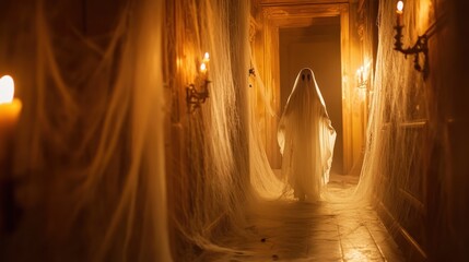 Obraz premium Eerie Ghostly Figure in White Sheet Costume Floating Down Haunted Hallway