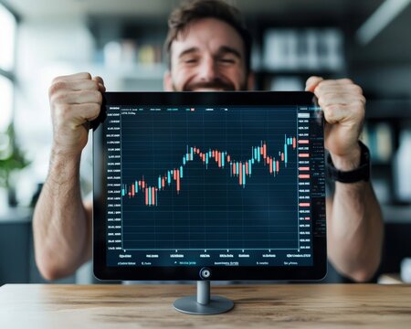 A happy man celebrates success with a computer monitor displaying a financial chart.