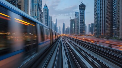 Fototapeta premium Dynamic cityscape with a speeding metro train amidst towering skyscrapers at dusk.