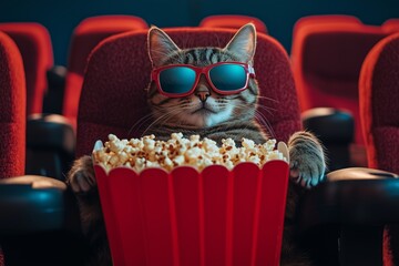 Cat in a movie theater, wearing 3D glasses and enjoying popcorn. The scene captures a playful and whimsical moment of a cat experiencing a cinema-like environment.