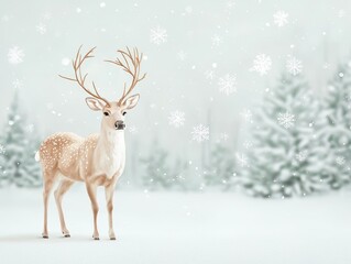 A lone deer stands in a snowy forest, snowflakes falling around it. Christmas trees line the background.  The deer is looking directly at the viewer.