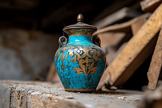 Antiques in a forgotten attic, illustrated with objects covered in dust and cobwebs, waiting to be rediscovered and appreciated once again