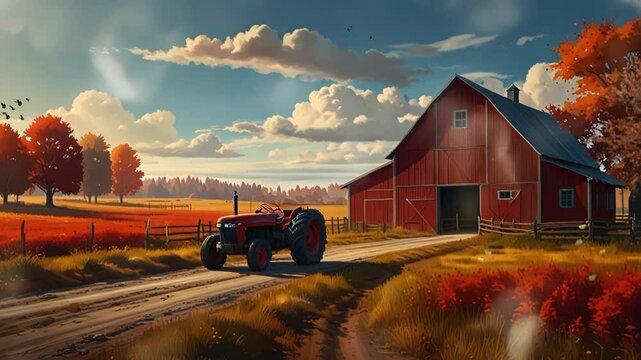 a beautiful digital painting of a vintage tractor in front of a barn with a large field. Seamless looping 4k video animation