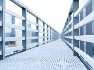 Obraz premium A long, straight walkway with metal railings on either side, leading to a bright, open space.