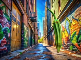 Fototapeta premium Crinkly okra rises from vibrant, sun-drenched alley, adorned with colorful graffiti, its ridges etched in 3D minimalism, amidst urban decay's subtle beauty.