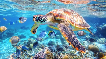 Fototapeta premium A vibrant sea turtle glides through crystal-clear waters filled with colorful fish.