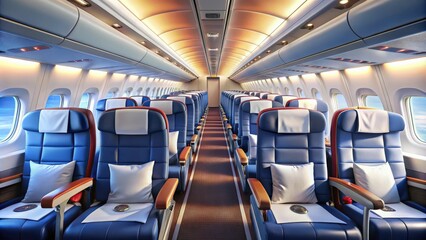 Obraz premium Airplane cabin with empty comfortable economy class seats , travel, transportation, aviation, airline, flight