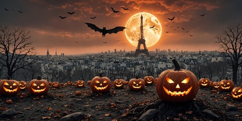Pumpkins against the Eiffel Tower, sunset in Paris. Halloween holidays, digital illustration