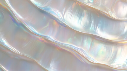 Iridescent mother-of-pearl abstract background with shimmering shell patterns in a soft, luminous texture.