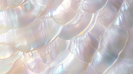 Iridescent mother-of-pearl abstract background with shimmering shell patterns in a soft, luminous texture.