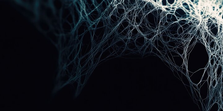 Halloween background, copy space. Intricate patterns of a spider web glistening in the dim light, capturing a moment of nature's architecture in a shadowy environment