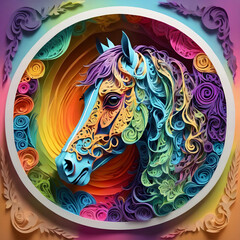 Vibrant Multicolored Horse Illustration in Artistic Style with Floral Background