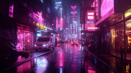 A neon-filled street in a cyberpunk city with rain-soaked surfaces and detailed reflections