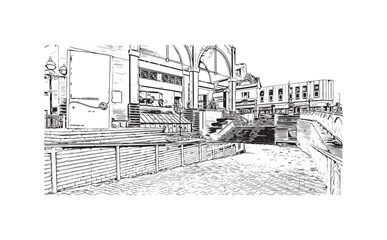 Print Building view with landmark of Hanley is the town in England. Hand drawn sketch illustration in vector.