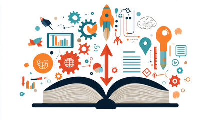 Fototapeta premium Rocket and Infographic Elements Emerging from Open Book Symbolizing Learning