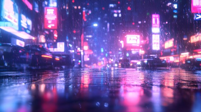 A cyberpunk-inspired urban environment with neon lights and reflective rain-soaked streets