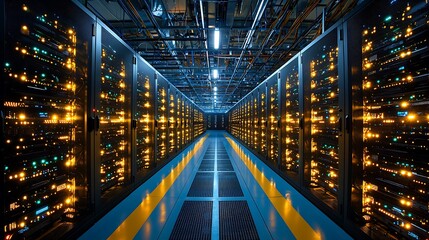 Glowing lights illuminate the sleek interiors of a data center�s server room.