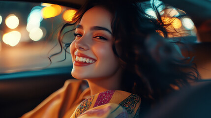Fototapeta premium Nighttime Radiance: A radiant young woman with captivating dark curls smiles brightly from within a car, her joy illuminated by the warm glow of city lights. 