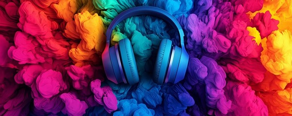 Vibrant music art, headphones in colorful explosion, abstract sound waves, dynamic colors, creative music design, artistic sound representation
