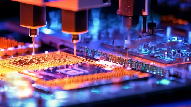 Microchip production printing processor CPU component AI video memory storage microelectronics assembly semiconductor technology industry manufacturing computer circuit board equipment laboratory