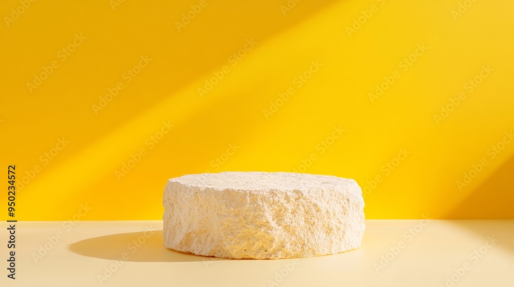Poster minimalist yellow mockup featuring raw textured sandstone podium with soft light beams in serene gra