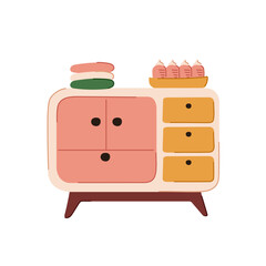 Chest of drawers for nursery in flat style. Stack of clothes and a set of feeding bottles for baby. Vector illustration isolated on a white background.