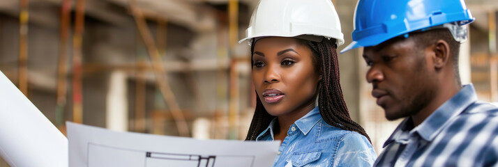 Two construction professionals carefully examining blueprints at a job site while wearing hard hats during daylight hours