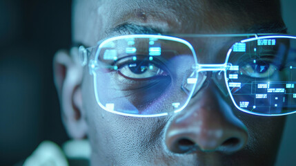 A person engages with augmented reality through advanced glasses, focusing intently on shifting digital graphics in a low-light setting