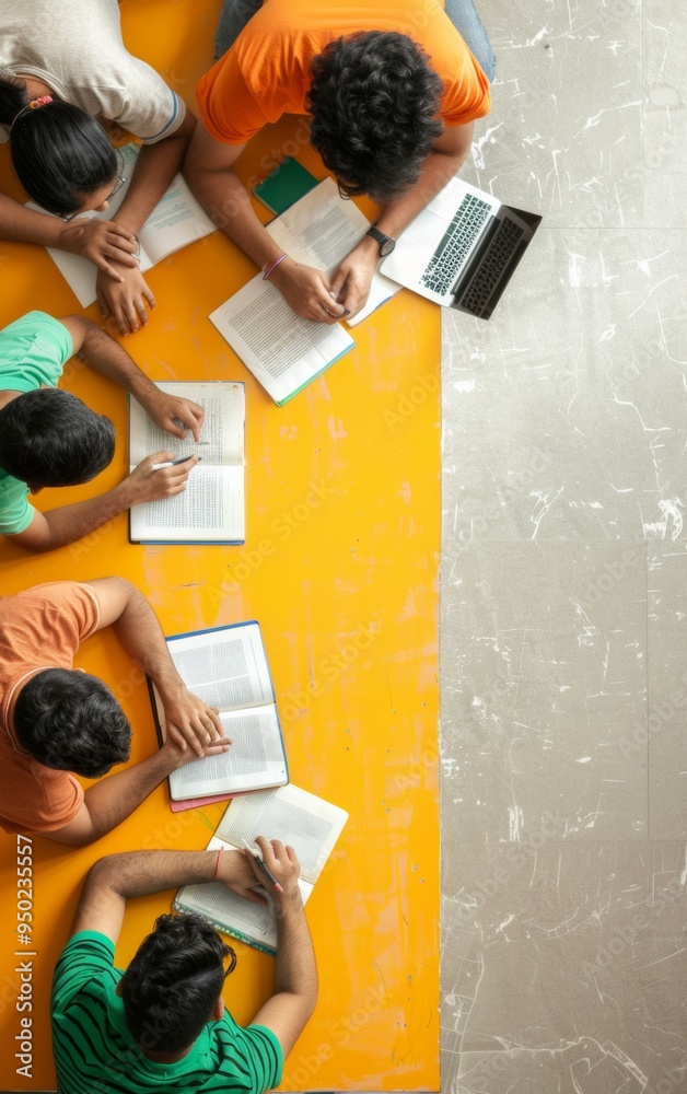 Poster diverse indian college students collaboratively studying in a dormitory common area with laptops and